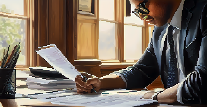 A business owner examining financial documents at a desk with a laptop and calculator under natural light.