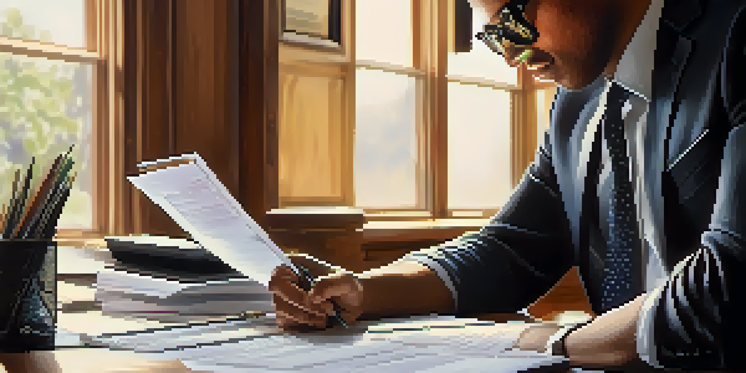 A business owner examining financial documents at a desk with a laptop and calculator under natural light.