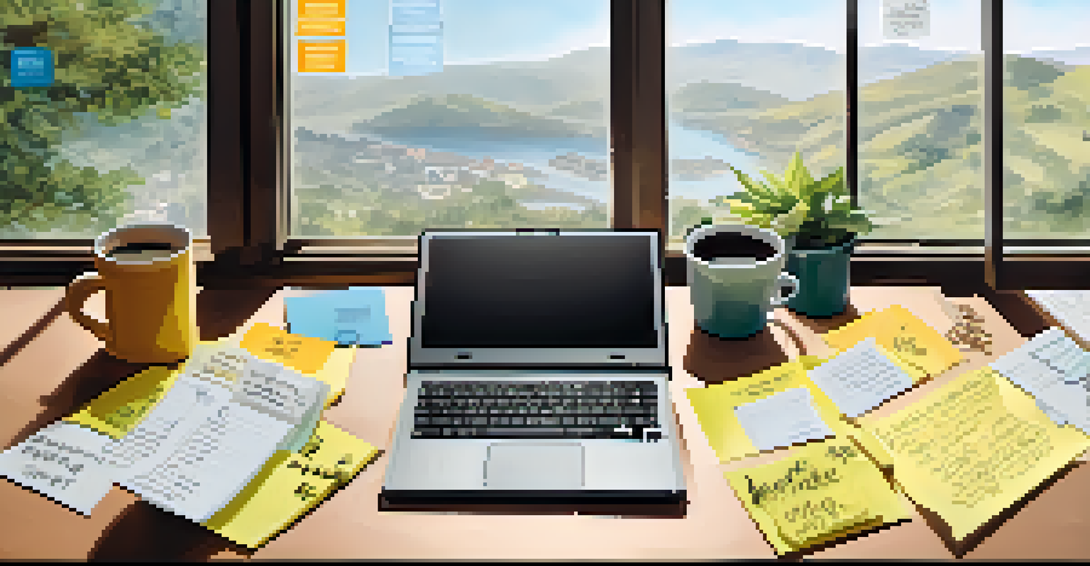 An organized workstation with a computer, notebooks, and a cup of coffee, featuring motivational quotes and a sunny view outside.