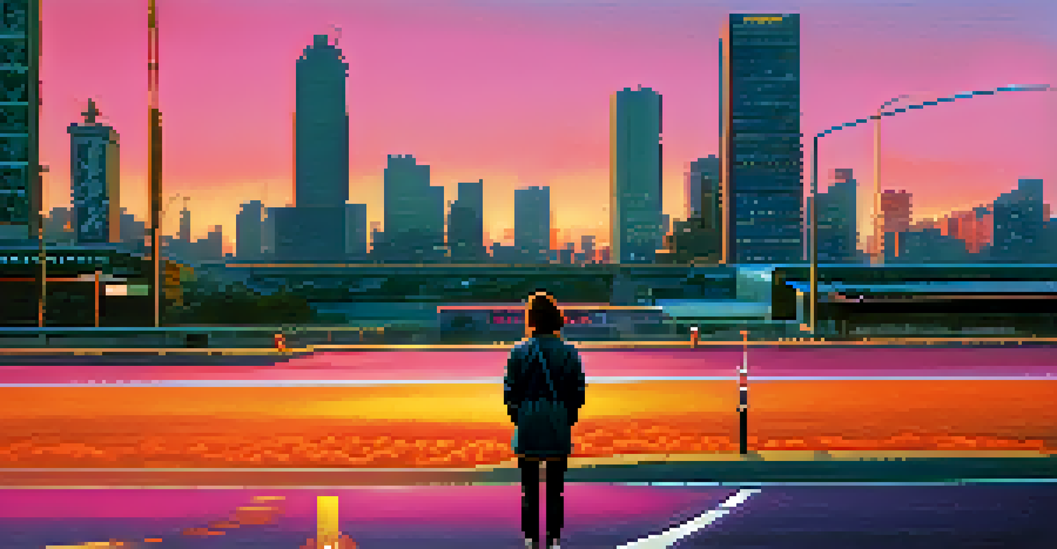 A person at a crossroads contemplating signs about tax withholding adjustments, with a sunset city skyline in the background.