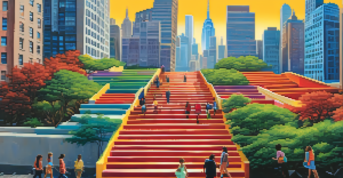 A staircase symbolizing different income brackets, with diverse individuals climbing, set against a vibrant city skyline.