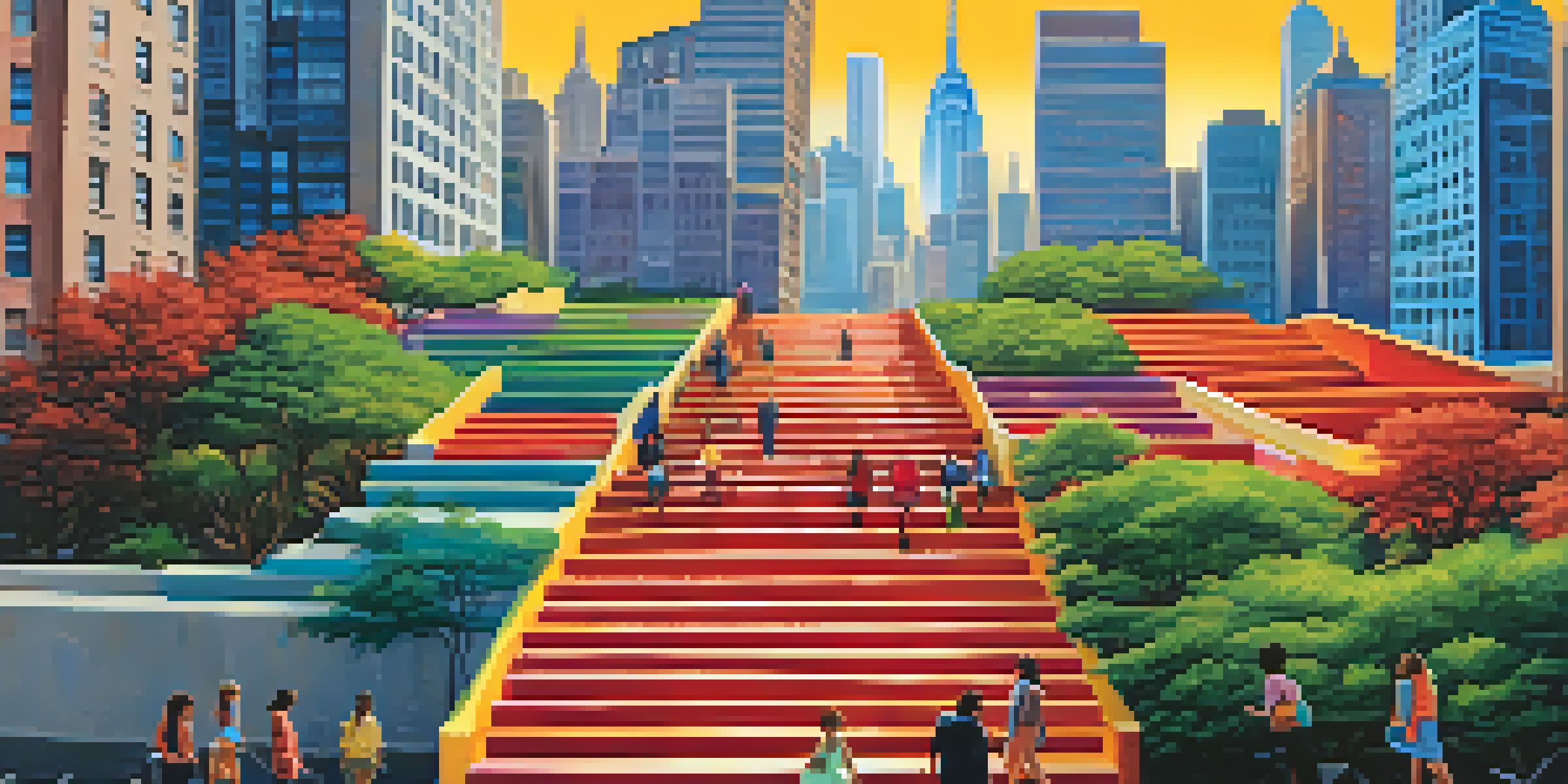 A staircase symbolizing different income brackets, with diverse individuals climbing, set against a vibrant city skyline.