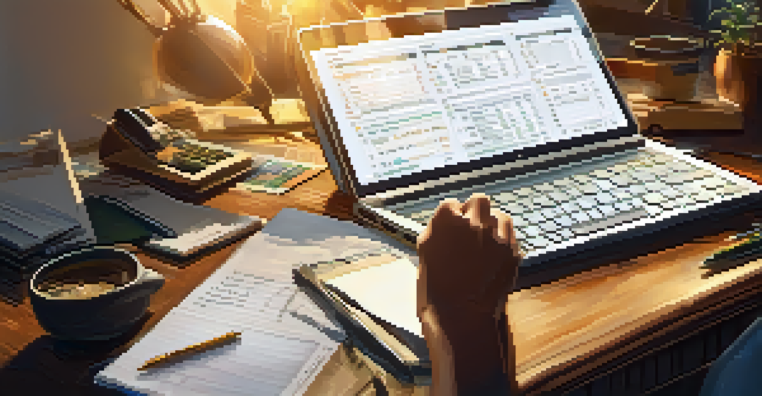 Close-up of hands typing on a laptop with financial documents and a calculator on the desk.
