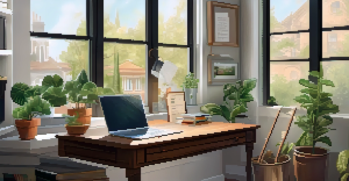 A cozy home office with a wooden desk, laptop displaying tax documents, and a cup of coffee, illuminated by natural light from a window.