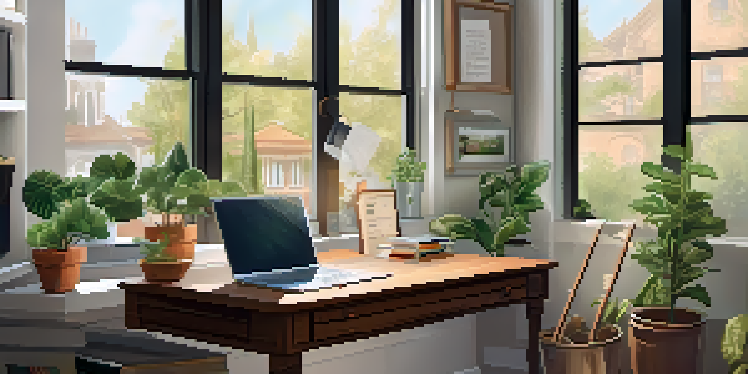 A cozy home office with a wooden desk, laptop displaying tax documents, and a cup of coffee, illuminated by natural light from a window.
