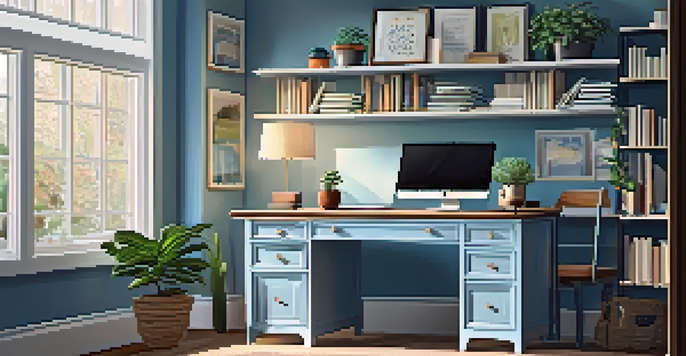 A modern home office with a desk, laptop, ergonomic chair, and bookshelves, illuminated by natural light from a window.
