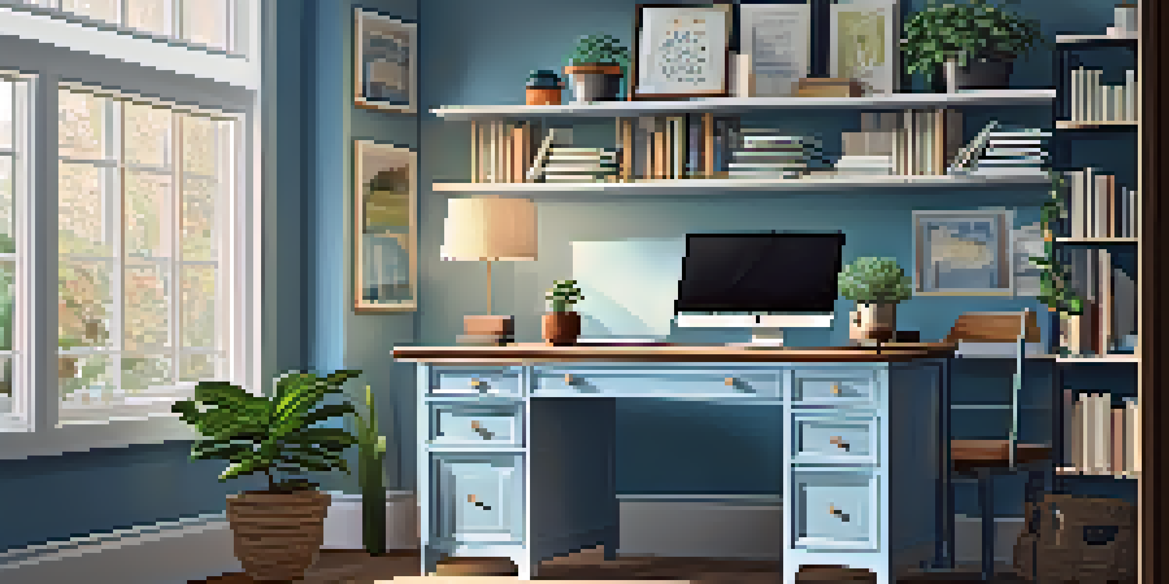 A modern home office with a desk, laptop, ergonomic chair, and bookshelves, illuminated by natural light from a window.