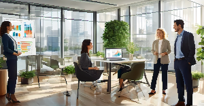 A diverse group of employees in a bright office discussing employee benefits, with charts and graphs around them.