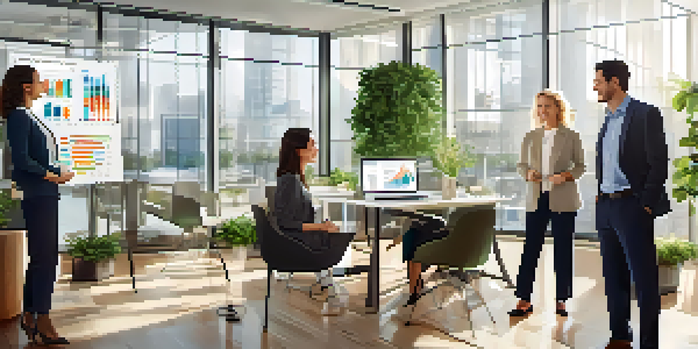 A diverse group of employees in a bright office discussing employee benefits, with charts and graphs around them.