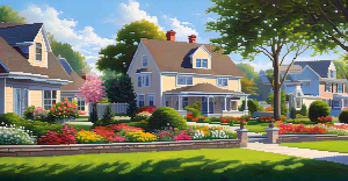 A peaceful suburban neighborhood with blooming gardens and traditional houses under a clear blue sky.