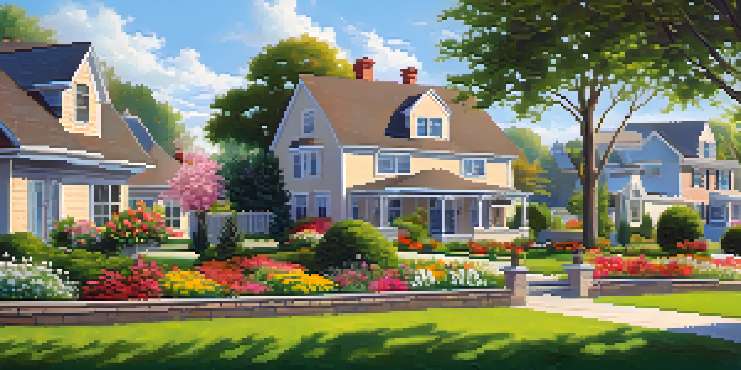 A peaceful suburban neighborhood with blooming gardens and traditional houses under a clear blue sky.
