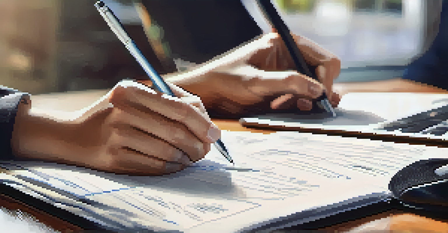 Close-up of hands writing on a notepad next to coffee and a laptop with financial documents on a table.