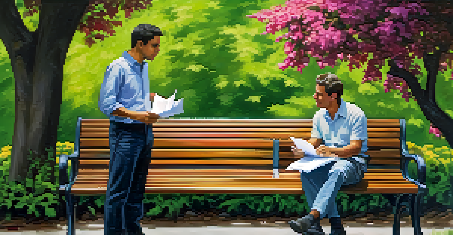 Two individuals sitting on a park bench engaged in a discussion about financial matters, surrounded by greenery.