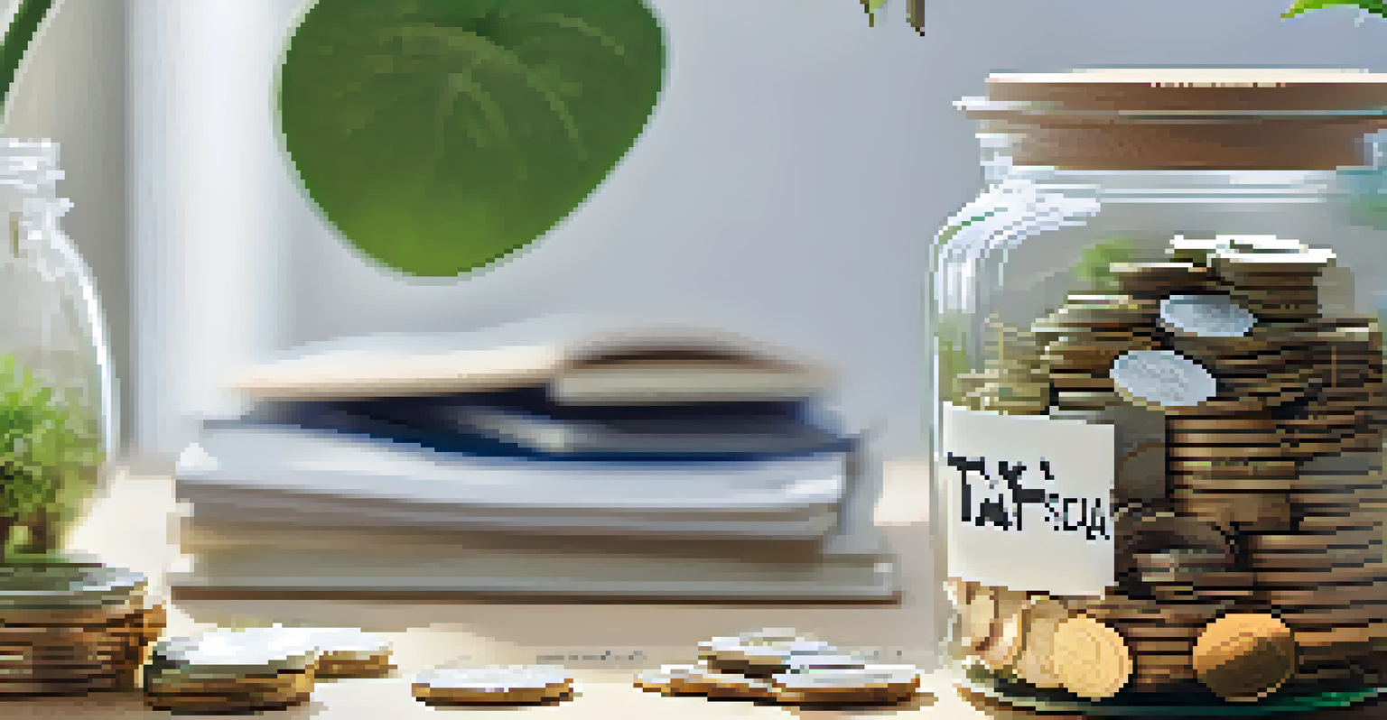 A glass jar filled with coins and bills, surrounded by plants and a calculator, symbolizing savings and growth.