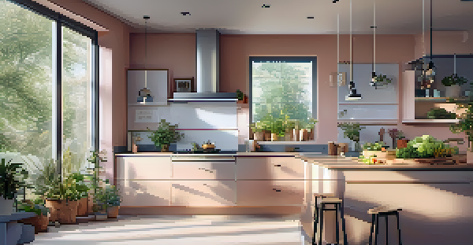 A modern kitchen filled with energy-efficient appliances and large windows allowing natural light.