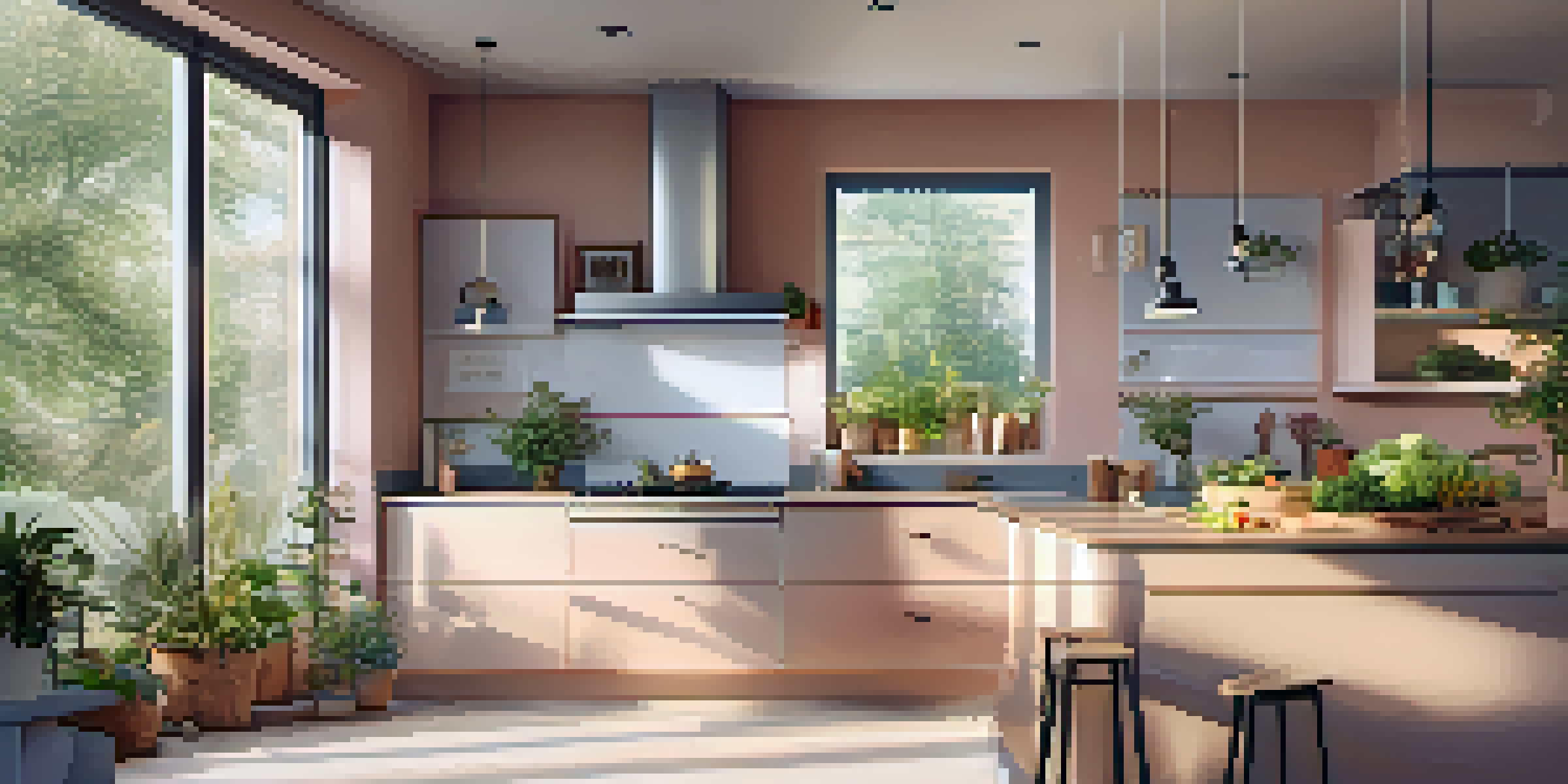 A modern kitchen filled with energy-efficient appliances and large windows allowing natural light.