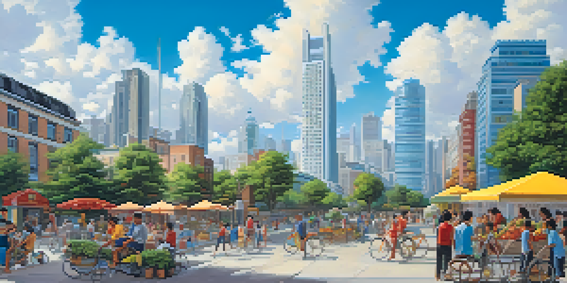 A vibrant city scene with people, children playing, cyclists, and street vendors, highlighting community and public services.