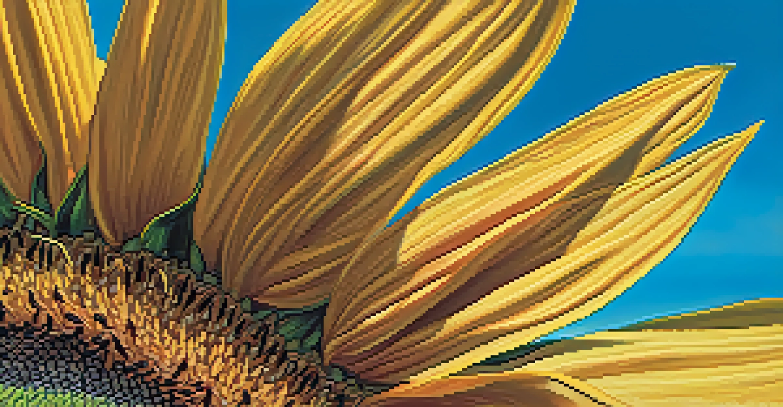 A close-up of a bright yellow sunflower against a blue sky.