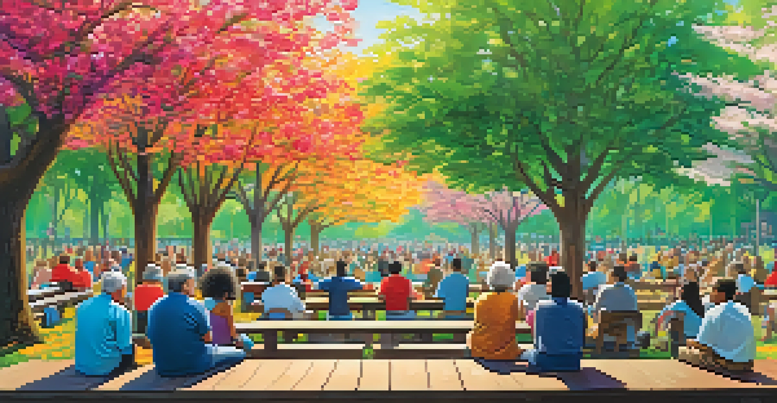 A community gathering in a park discussing tax reforms, with people of different ages and a colorful banner.