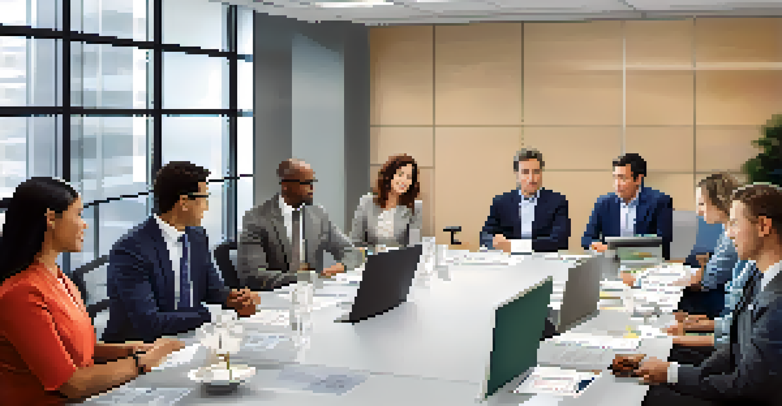 A diverse group of professionals in a modern office discussing tax obligations, with documents and a screen displaying tax information.