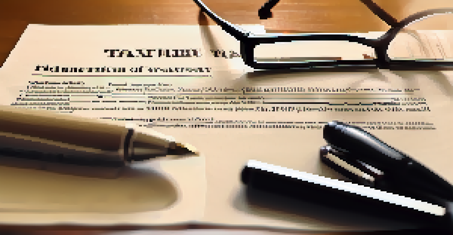 A close-up of a tax treaty document on a wooden desk, accompanied by a fountain pen and reading glasses, with a calculator in the background.