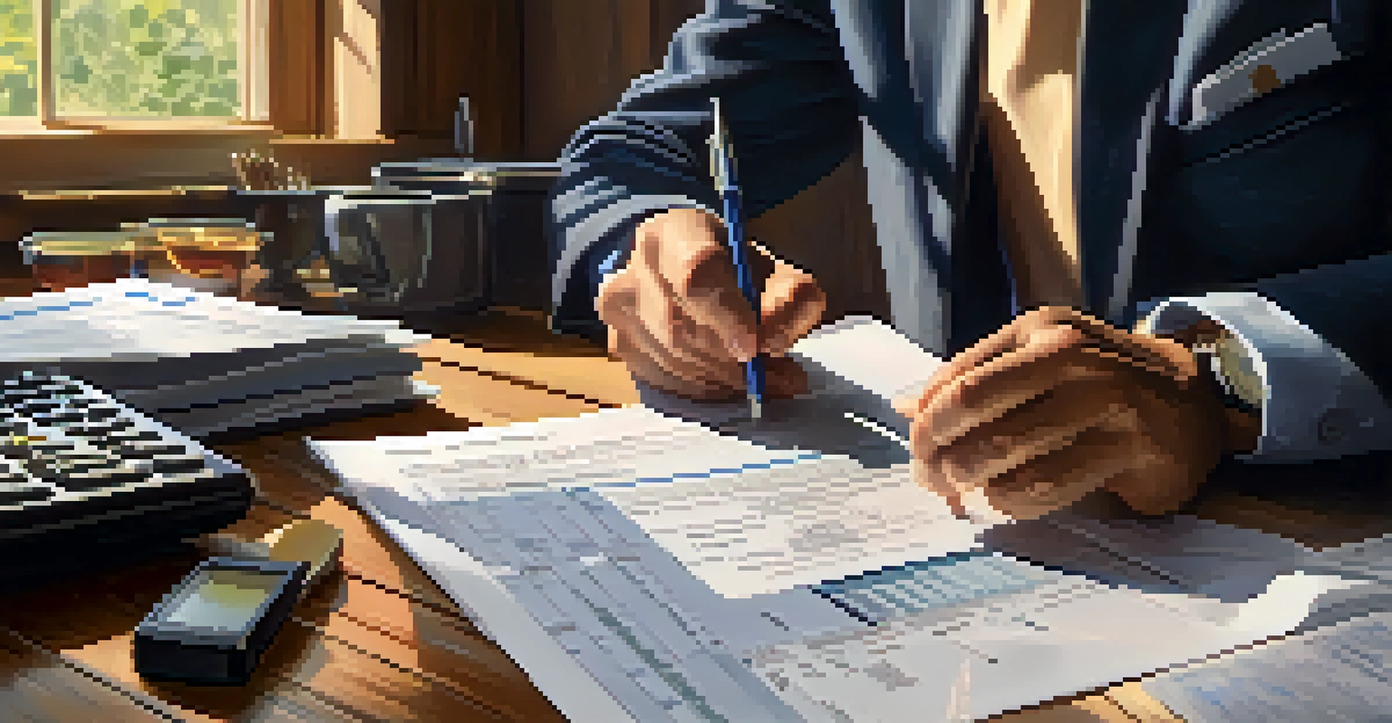 A homeowner examining property tax documents on a table with a calculator and coffee, highlighting the details and complexity of taxes.