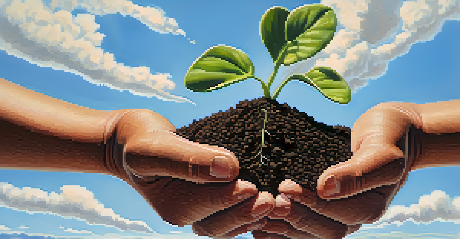 A close-up of a farmer's hands holding dark soil with green seedlings, set against a blurred field and blue sky.