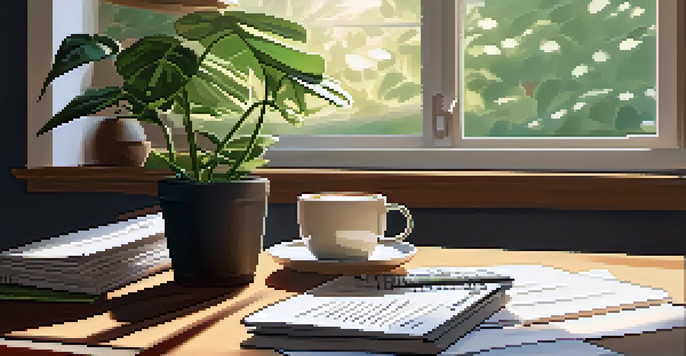 A warm and inviting home office with a wooden desk, laptop, and sunlight pouring in, showcasing a productive workspace with financial documents.