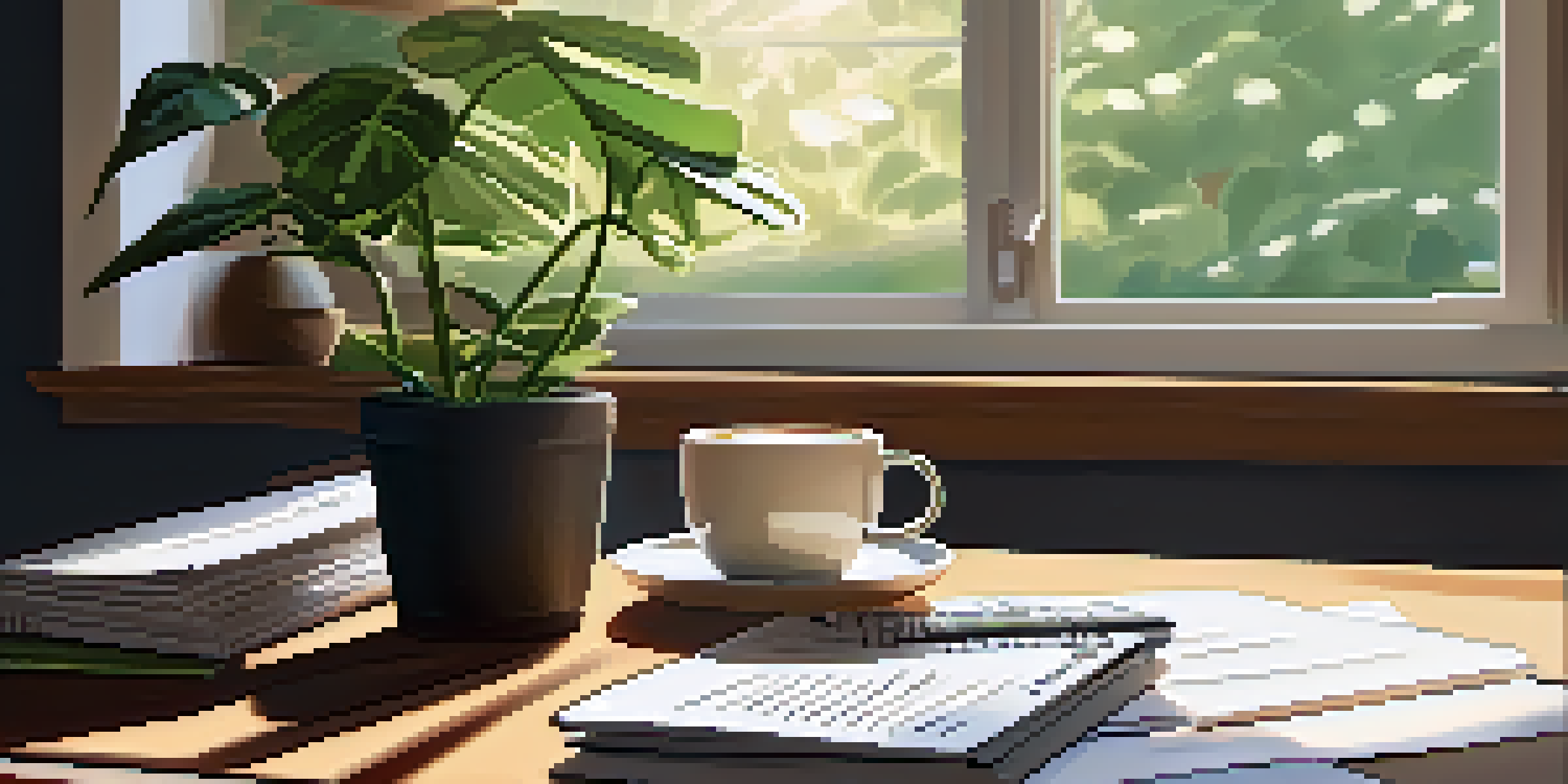 A warm and inviting home office with a wooden desk, laptop, and sunlight pouring in, showcasing a productive workspace with financial documents.