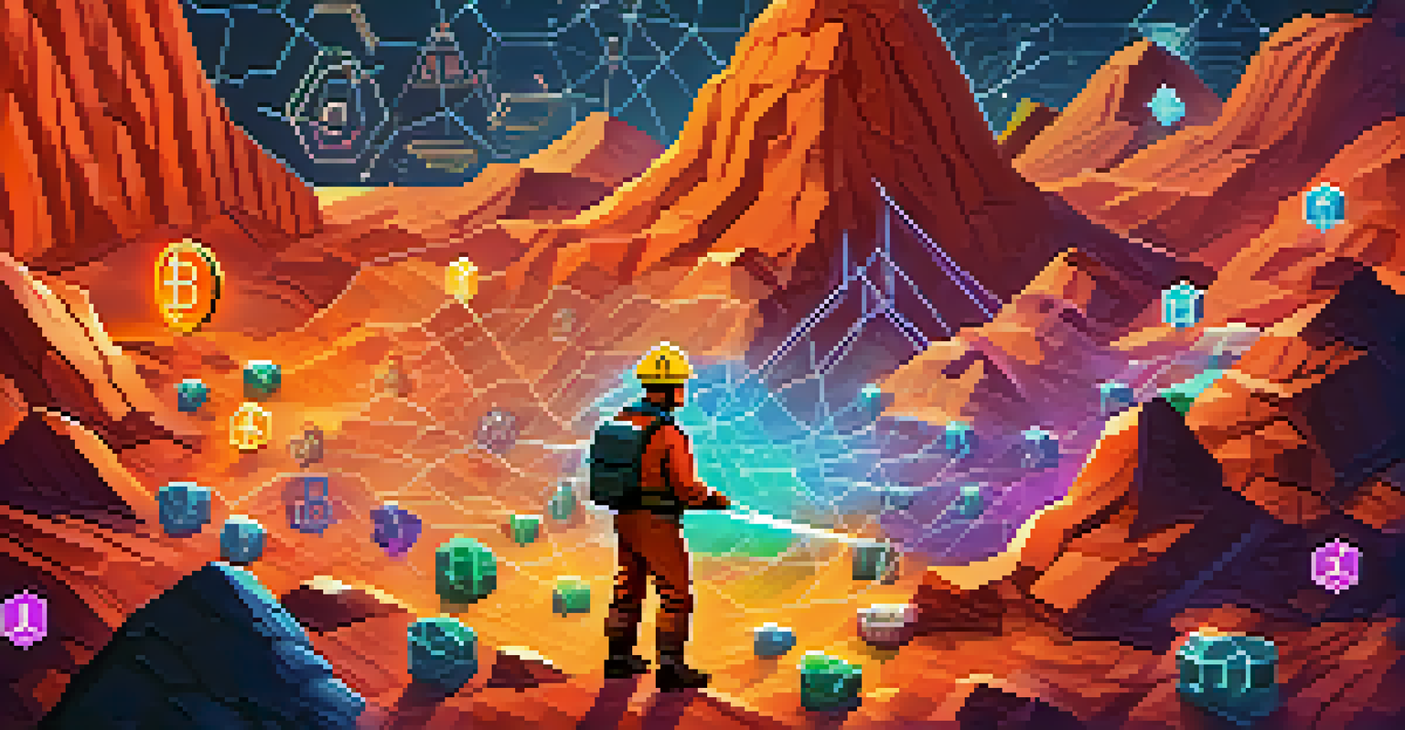 An illustration of crypto mining as a treasure hunt, featuring a miner with a pickaxe surrounded by glowing coins and puzzles.
