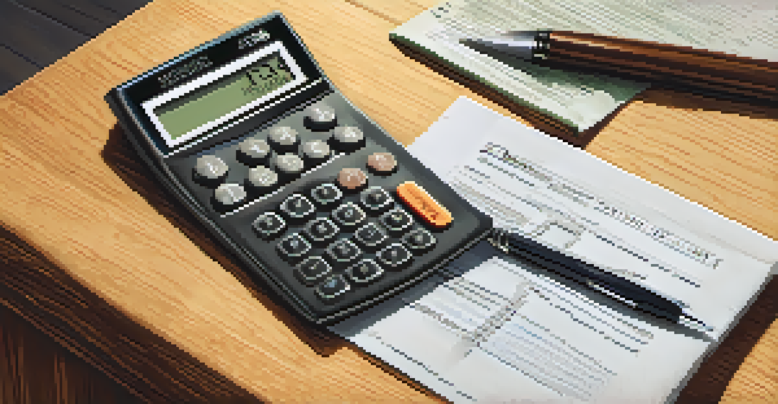 A close-up view of a calculator, tax documents, and a pen on a desk, emphasizing tax planning for mergers.