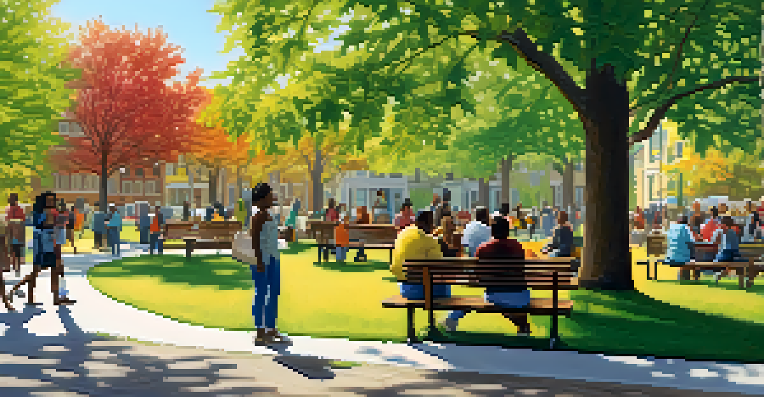 A community gathering in a park discussing taxes and social equity, with families interacting in a warm atmosphere.