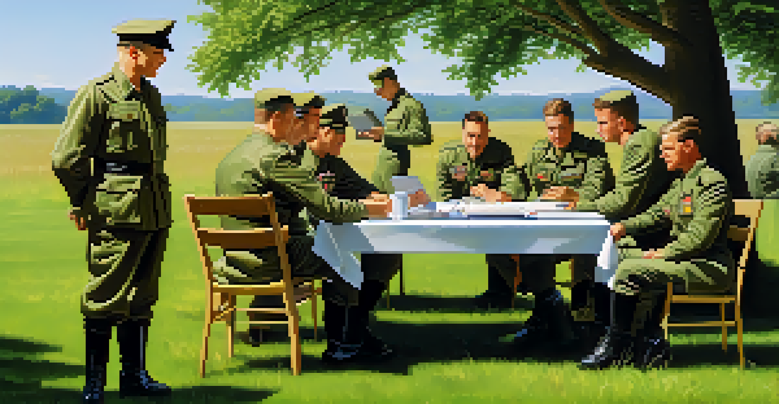Military personnel outside discussing tax benefits at a portable table on a sunny day with trees in the background.