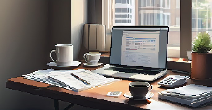 A cozy office desk with a laptop, organized tax documents, a calculator, and a cup of coffee, illuminated by warm natural light from a window.