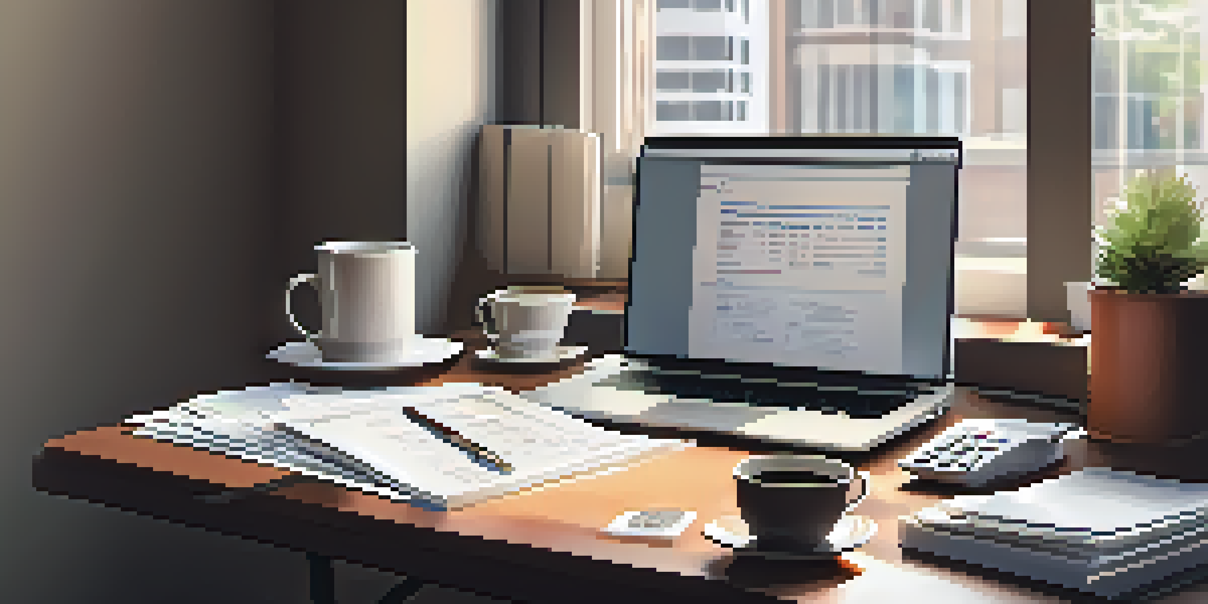 A cozy office desk with a laptop, organized tax documents, a calculator, and a cup of coffee, illuminated by warm natural light from a window.