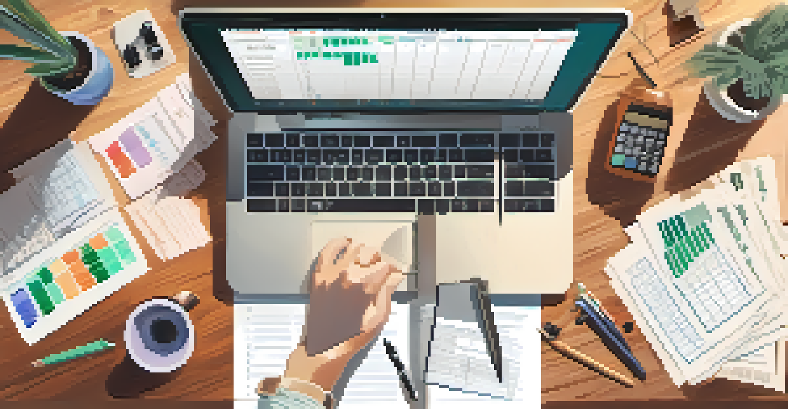 An overhead view of a desk with a laptop showing a spreadsheet, a calculator, and tax documents, along with a hand holding a pen.
