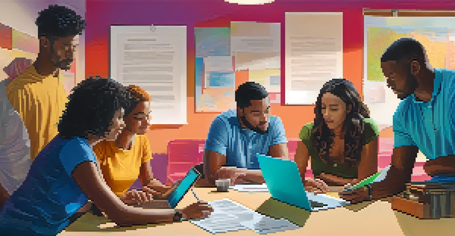 A diverse group of people discussing tax credits around a table with a laptop and colorful documents.