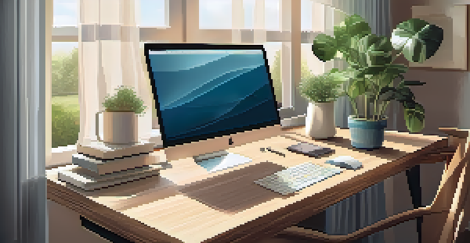 A cozy home office with a wooden desk, a laptop, organized papers, and a potted plant, illuminated by soft sunlight from a window.