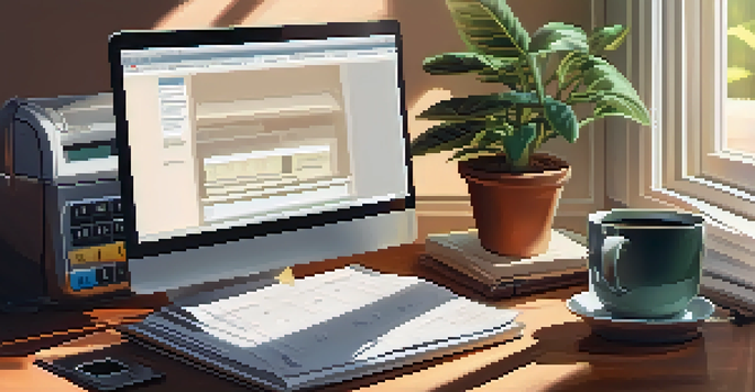 A well-organized desk featuring a laptop, financial documents, a calculator, a potted plant, and a steaming cup of coffee, illuminated by warm morning light.