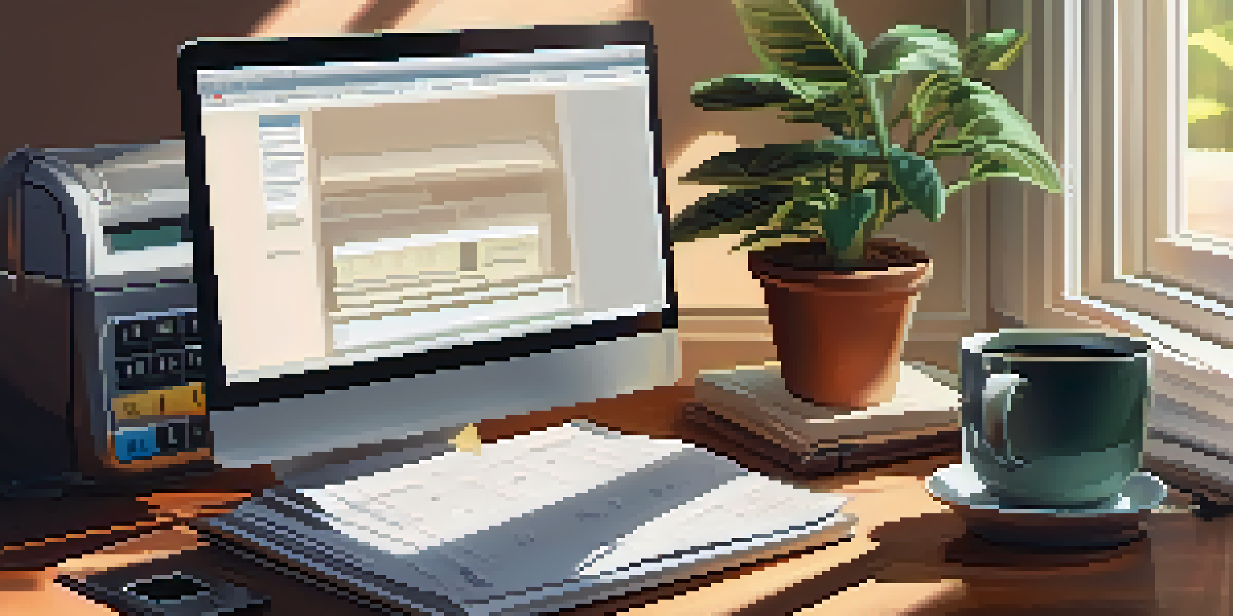 A well-organized desk featuring a laptop, financial documents, a calculator, a potted plant, and a steaming cup of coffee, illuminated by warm morning light.