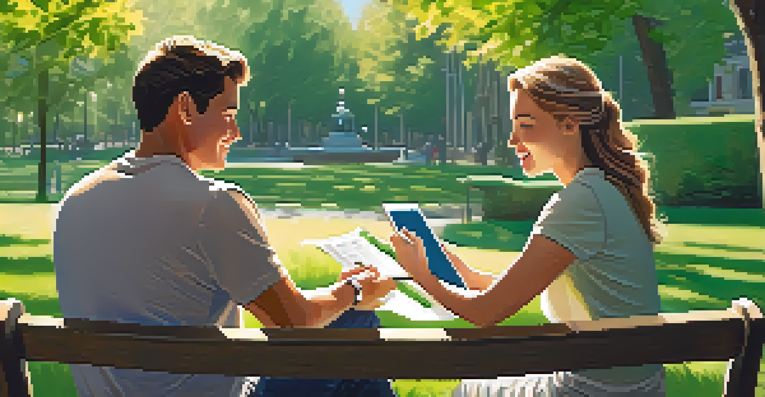 A couple sitting on a park bench, reviewing their finances on a tablet in a lush green park.