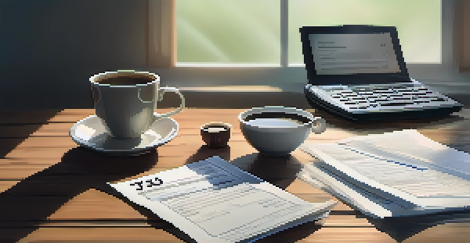 A desk scene featuring a tax document, calculator, cup of coffee, and laptop, illuminated by natural light.
