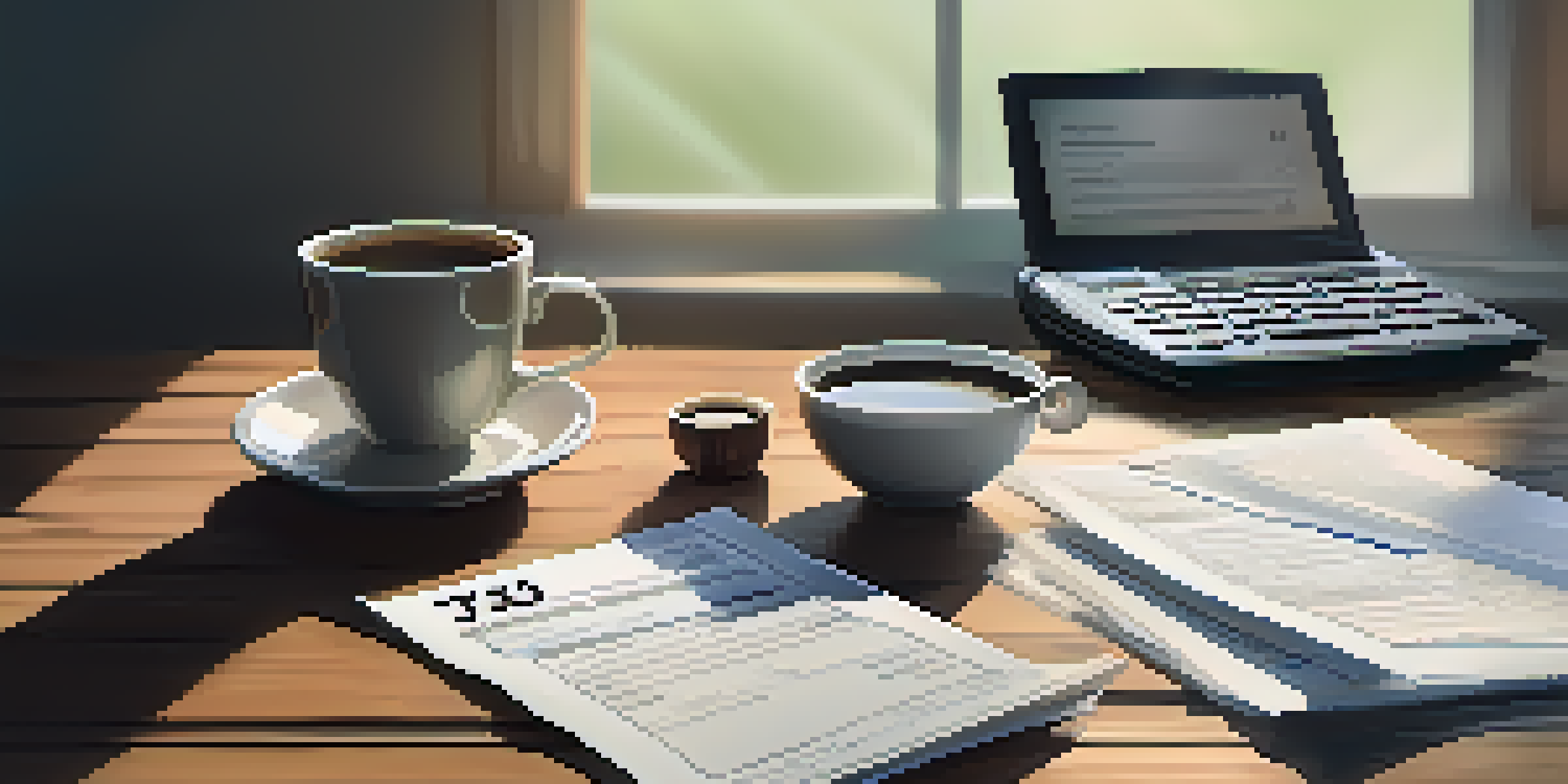 A desk scene featuring a tax document, calculator, cup of coffee, and laptop, illuminated by natural light.