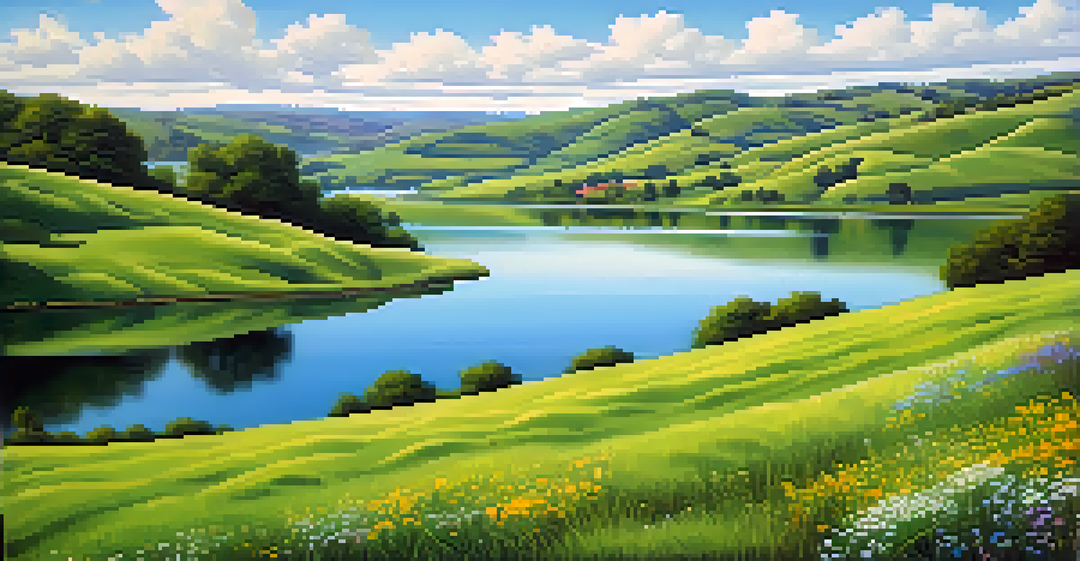 A peaceful landscape with rolling green hills and a lake under a blue sky.