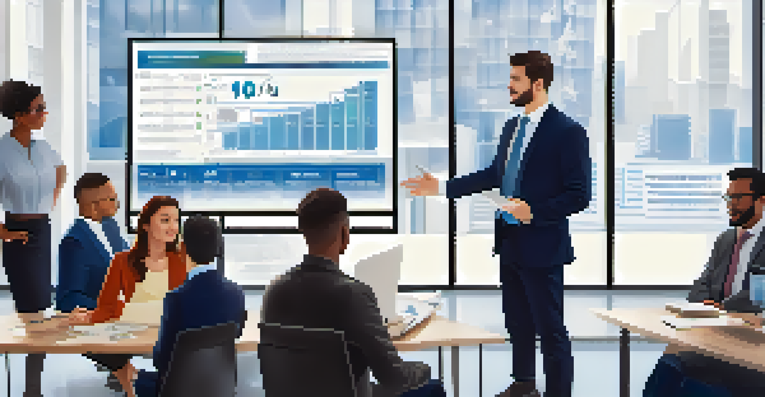 A tax professional discussing deductions and credits with clients in a modern office, with charts on a screen.