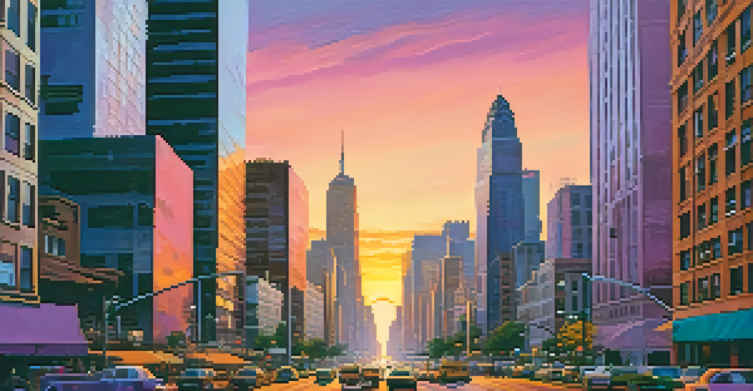 A city skyline during sunset with colorful skies and busy streets.