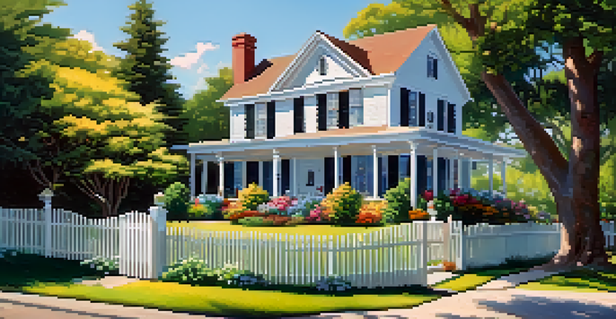 A beautiful investment property surrounded by nature, showcasing a two-story house and colorful flowers under a blue sky.