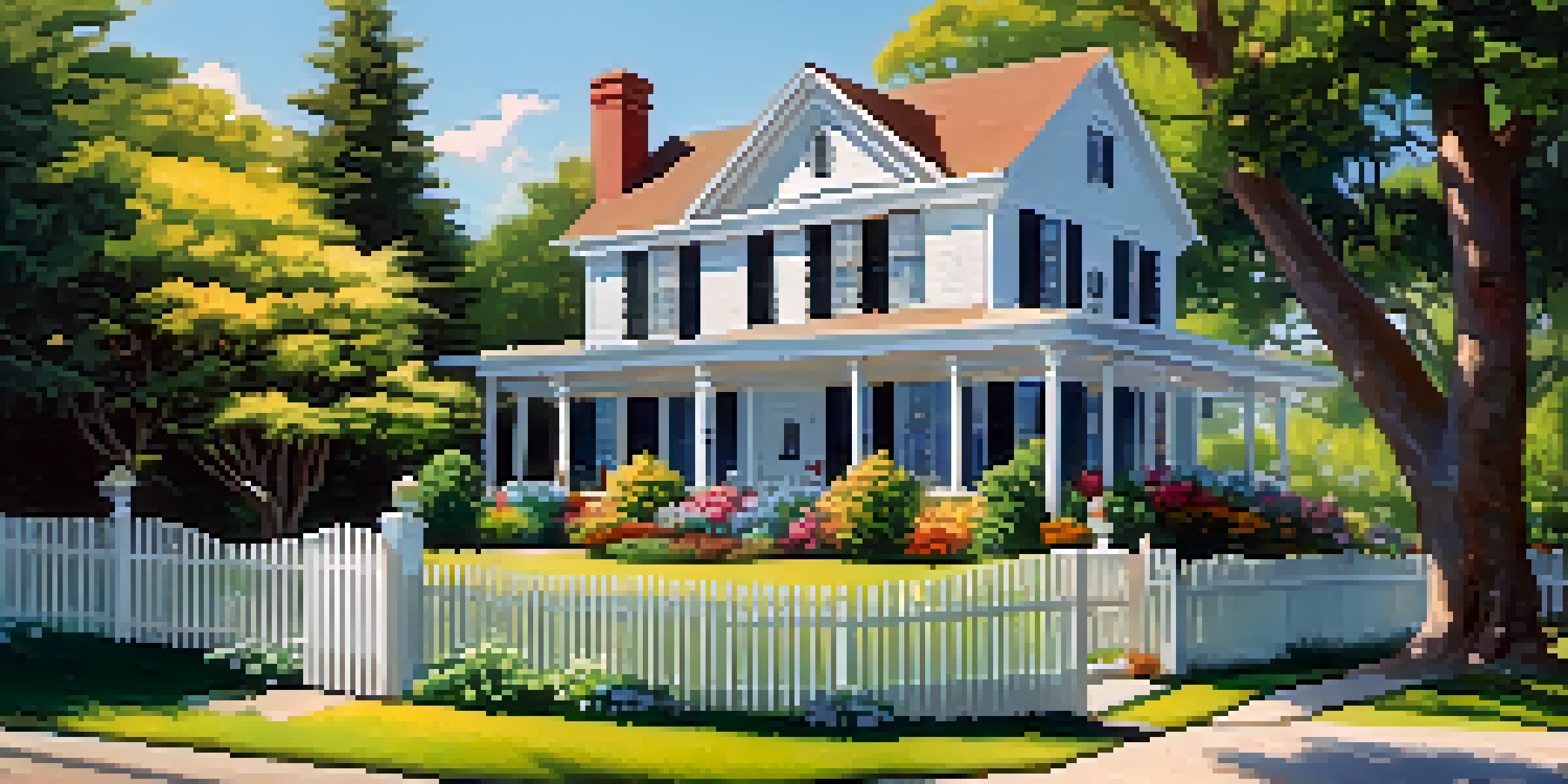 A beautiful investment property surrounded by nature, showcasing a two-story house and colorful flowers under a blue sky.