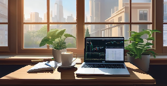 A well-organized workspace featuring a wooden desk with a laptop showing stock market charts, a potted plant, and a steaming cup of coffee, illuminated by soft natural light.