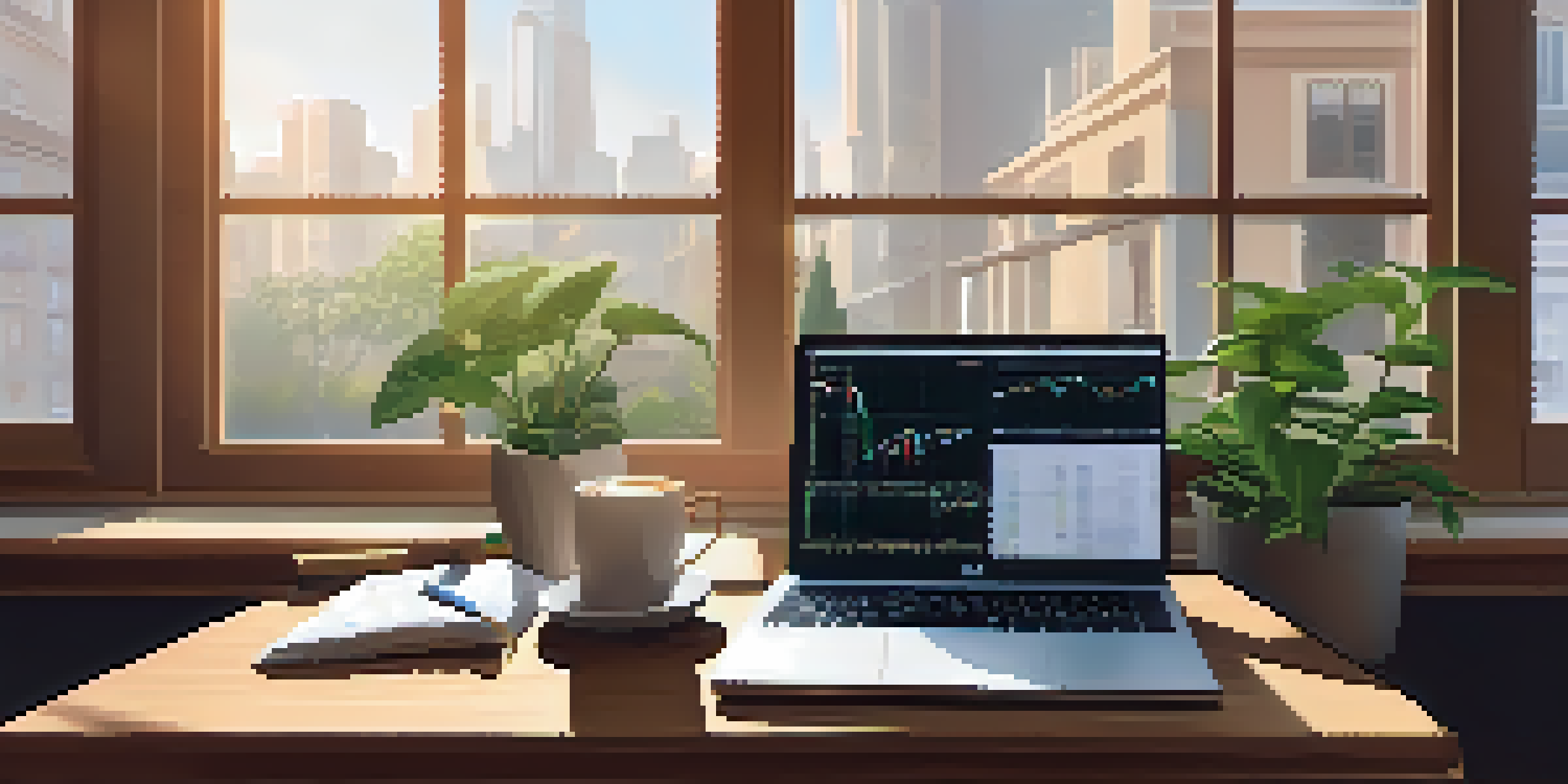 A well-organized workspace featuring a wooden desk with a laptop showing stock market charts, a potted plant, and a steaming cup of coffee, illuminated by soft natural light.